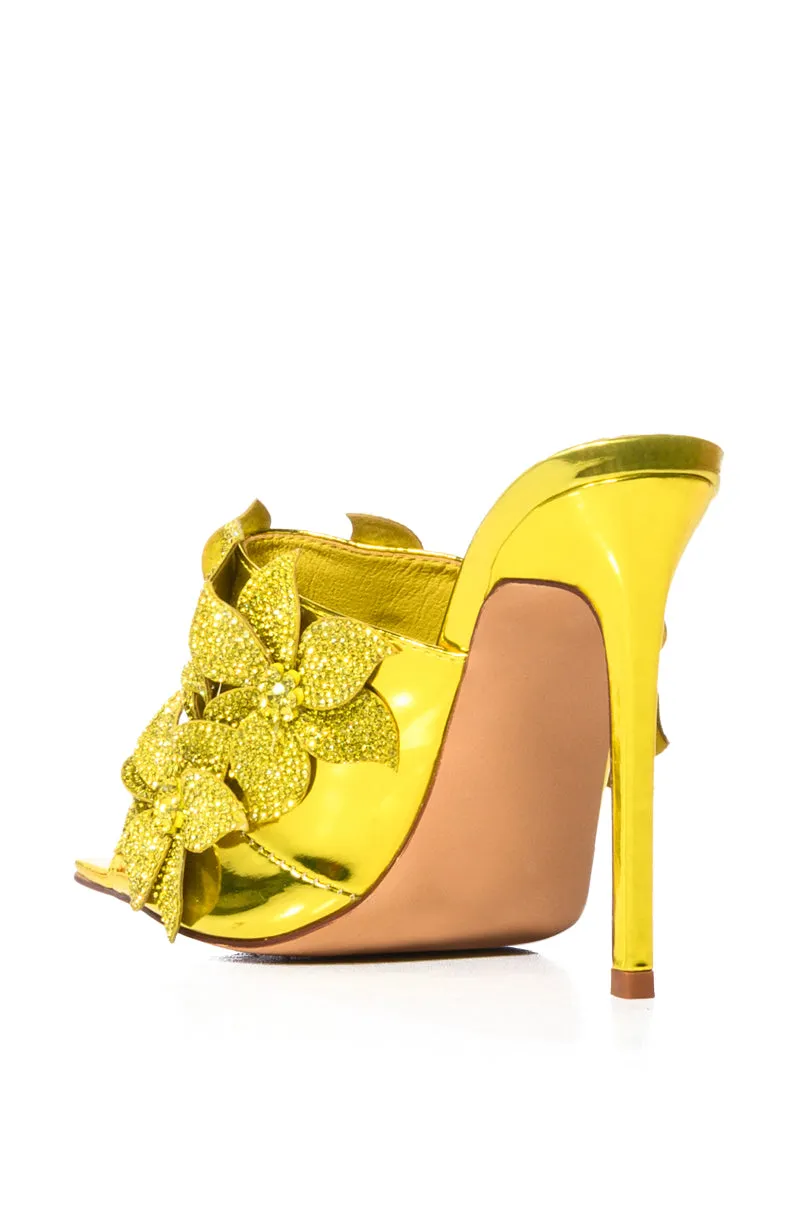 AZALEA WANG LENA EMBELLISHED FLOWER SLIP ON SANDAL IN YELLOW