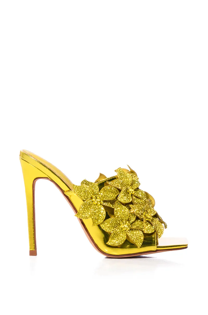 AZALEA WANG LENA EMBELLISHED FLOWER SLIP ON SANDAL IN YELLOW