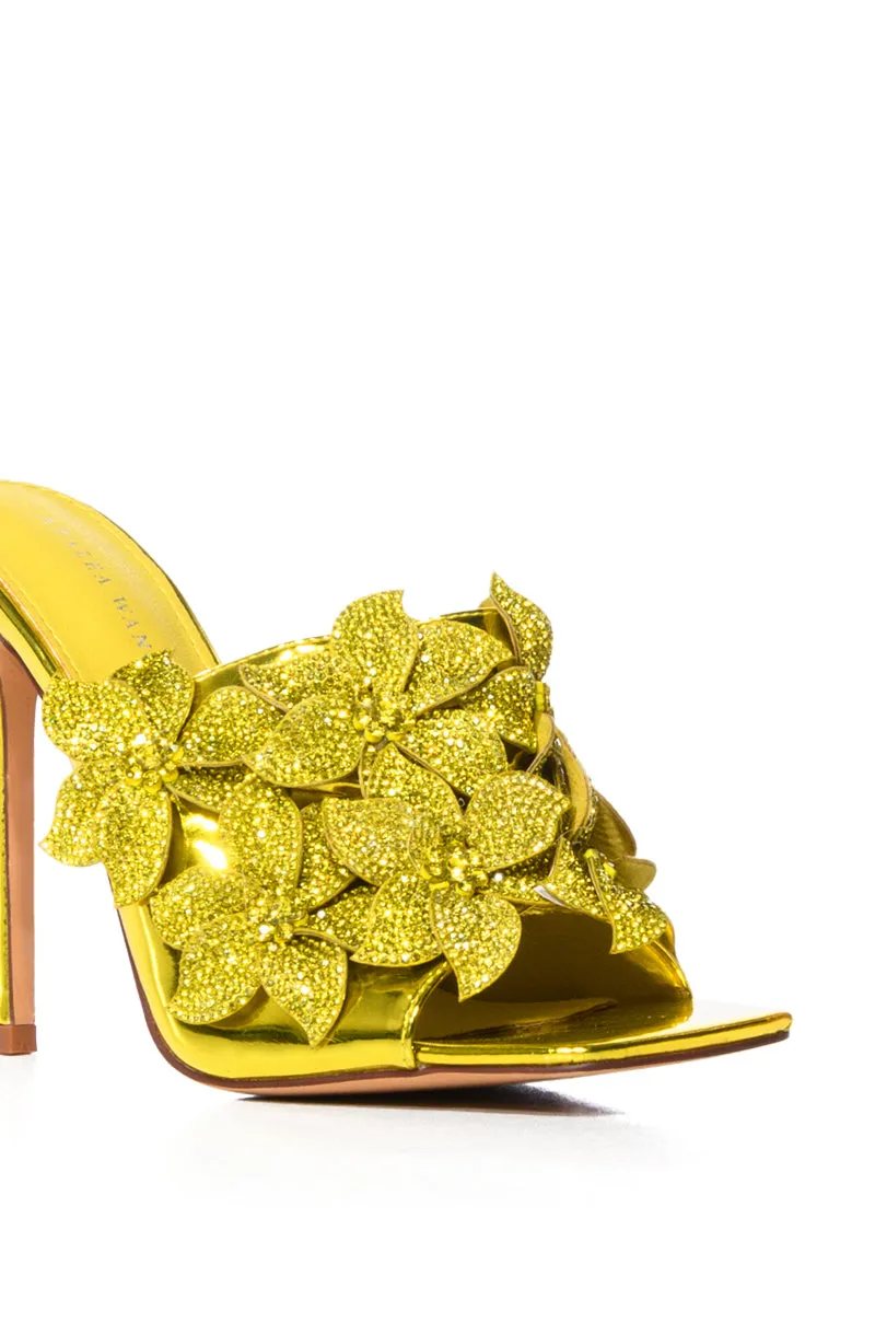AZALEA WANG LENA EMBELLISHED FLOWER SLIP ON SANDAL IN YELLOW