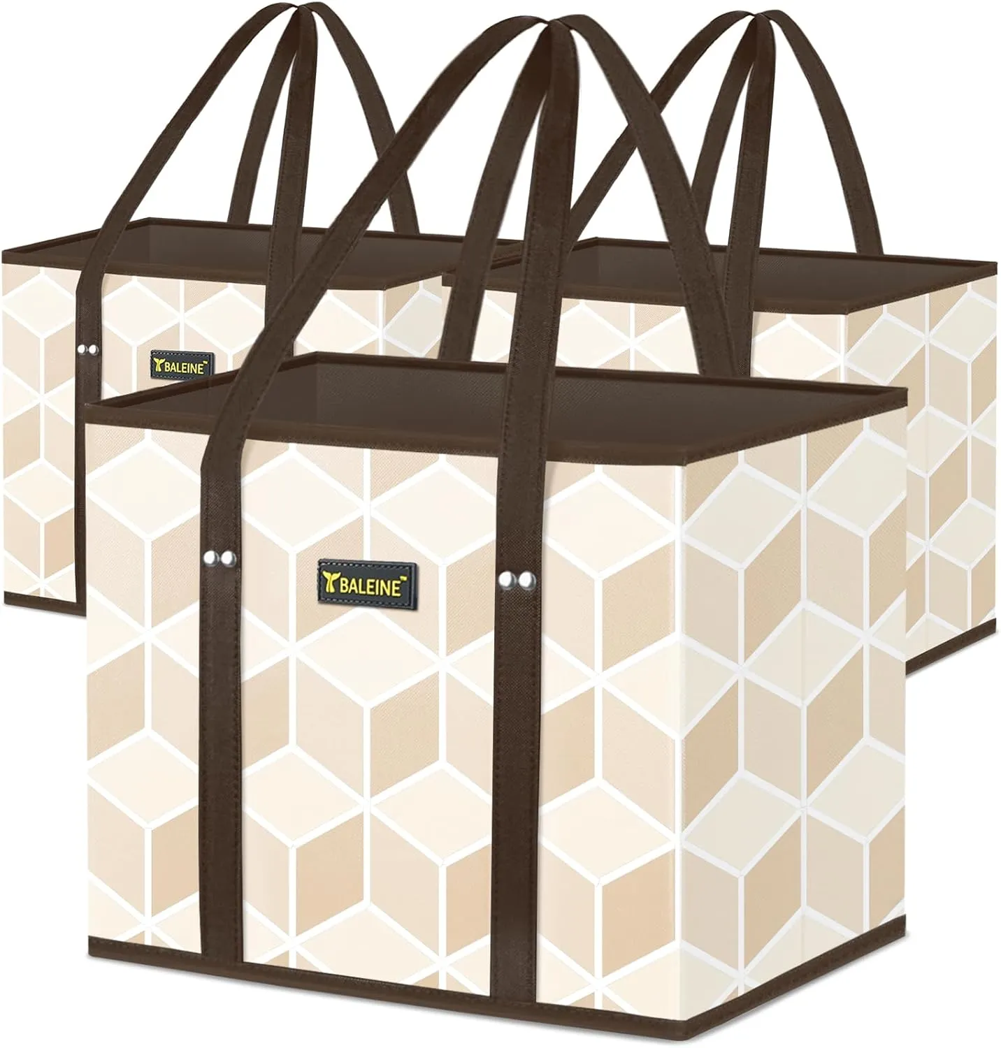 BALEINE 3Pk Reusable Grocery Bags, Foldable Shopping Bags for Groceries with Reinforced Bottom & Handles (Parallelogram)