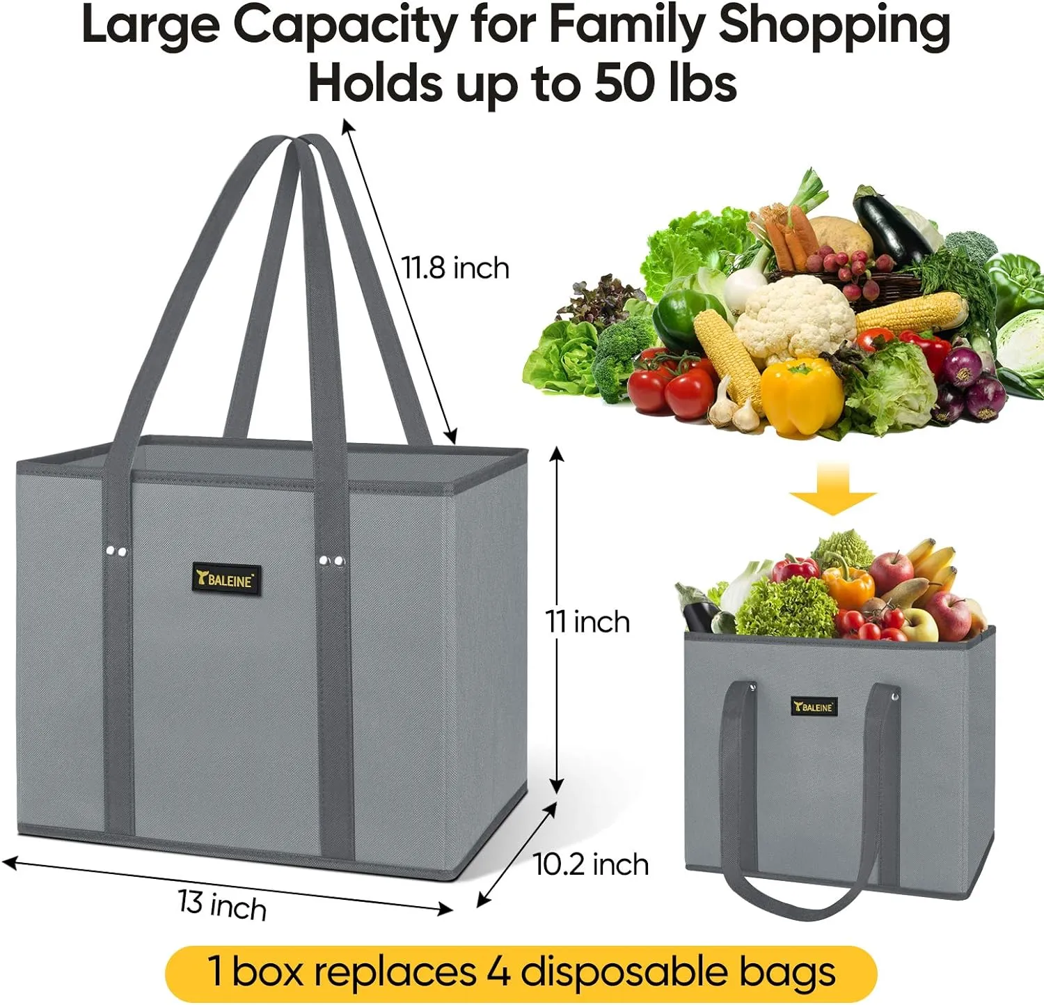 BALEINE 3Pk Reusable Grocery Bags, Foldable Shopping Bags for Groceries with Reinforced Bottom & Handles (Parallelogram)