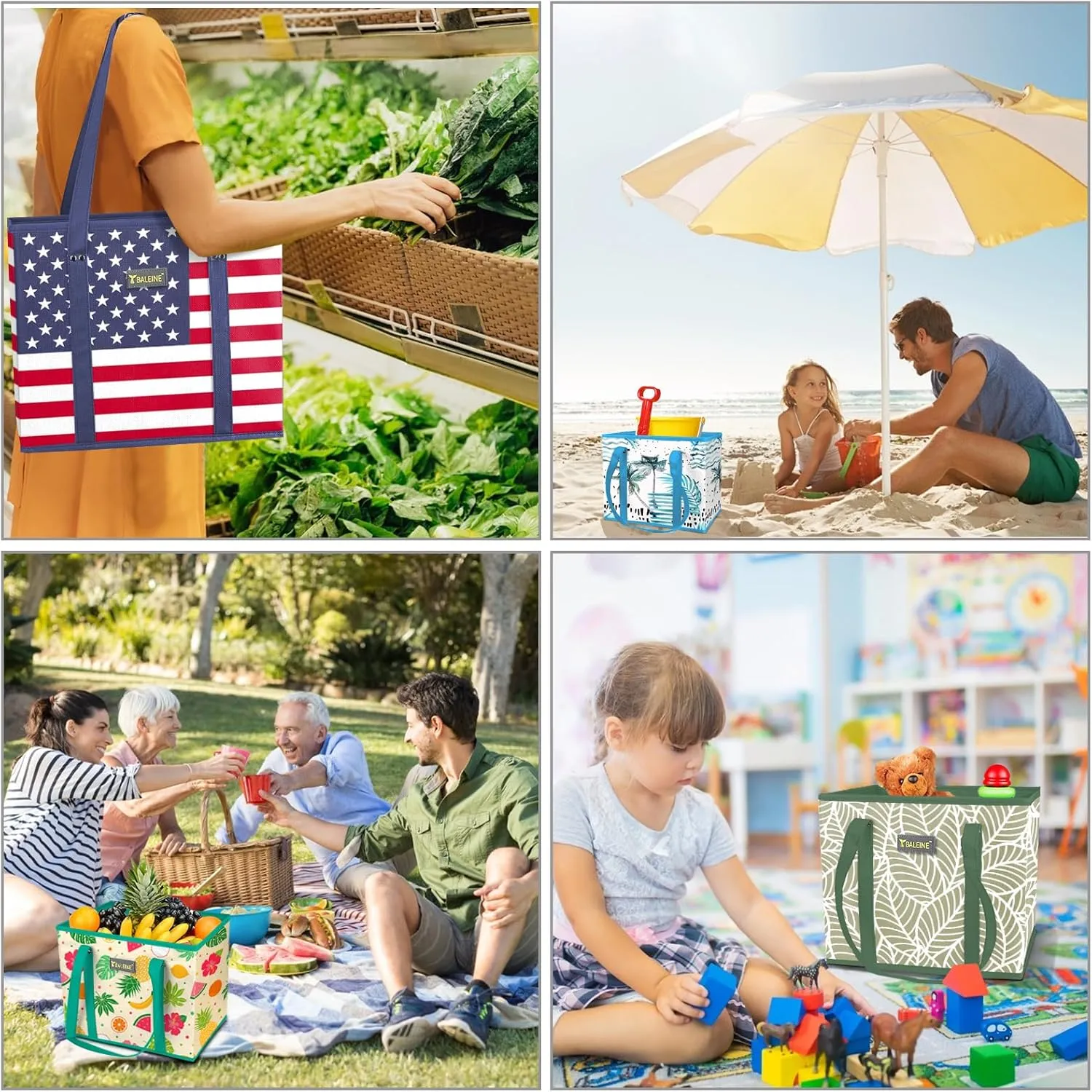BALEINE 3Pk Reusable Grocery Bags, Foldable Shopping Bags for Groceries with Reinforced Bottom & Handles (Parallelogram)