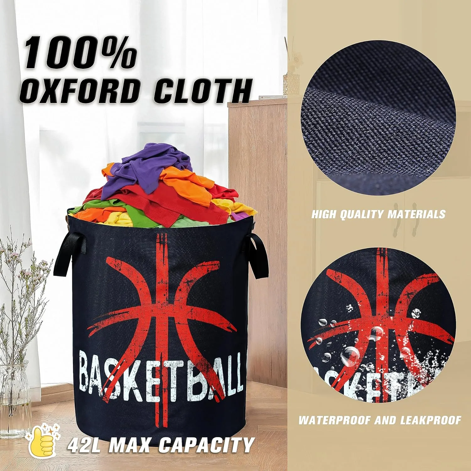 Basketball Laundry Basket Ball Foldable Oxford Cloth Funny Tote Bag Laundry Hamper Clothes Storage Bucket Organizer For Bathroom/Laundry Storage/Bedroom 17.7x13.7 Inch