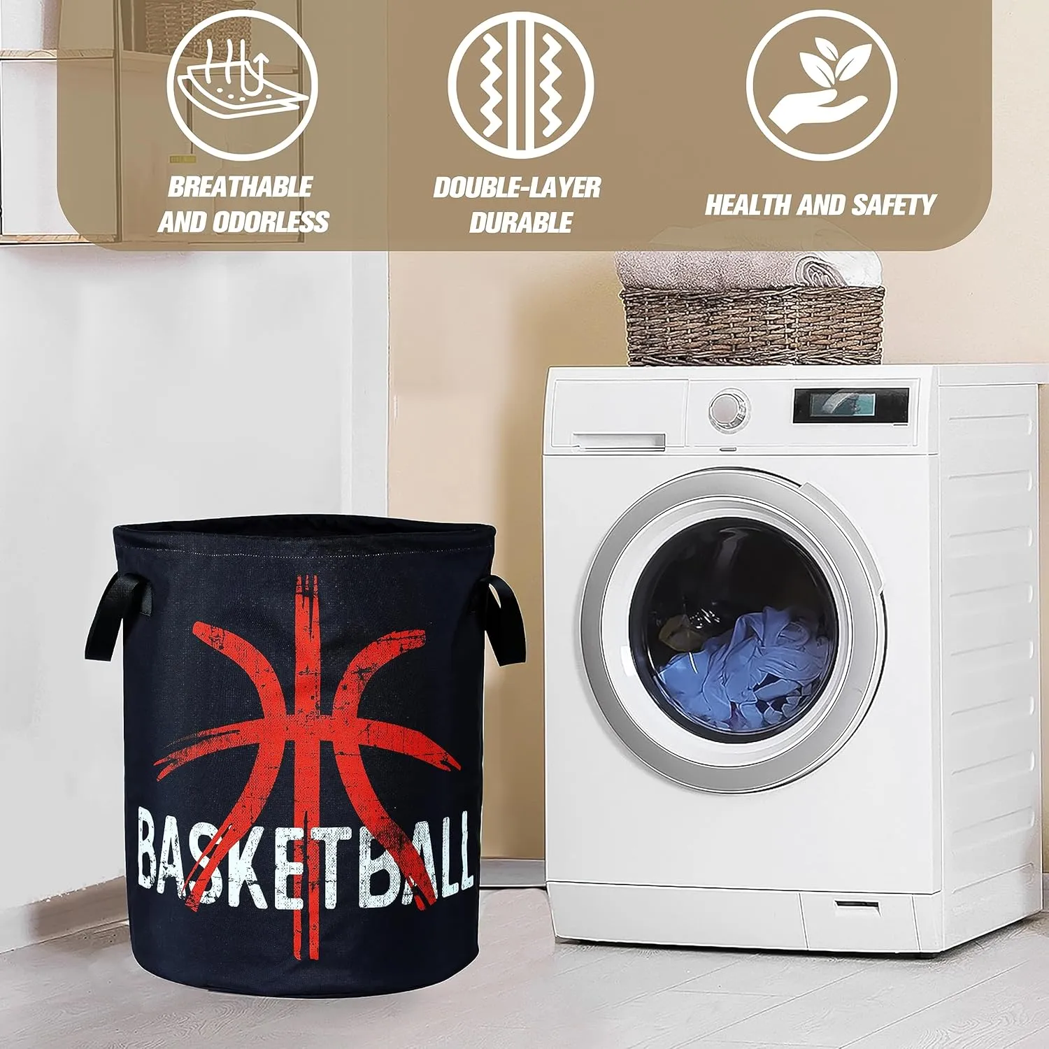 Basketball Laundry Basket Ball Foldable Oxford Cloth Funny Tote Bag Laundry Hamper Clothes Storage Bucket Organizer For Bathroom/Laundry Storage/Bedroom 17.7x13.7 Inch