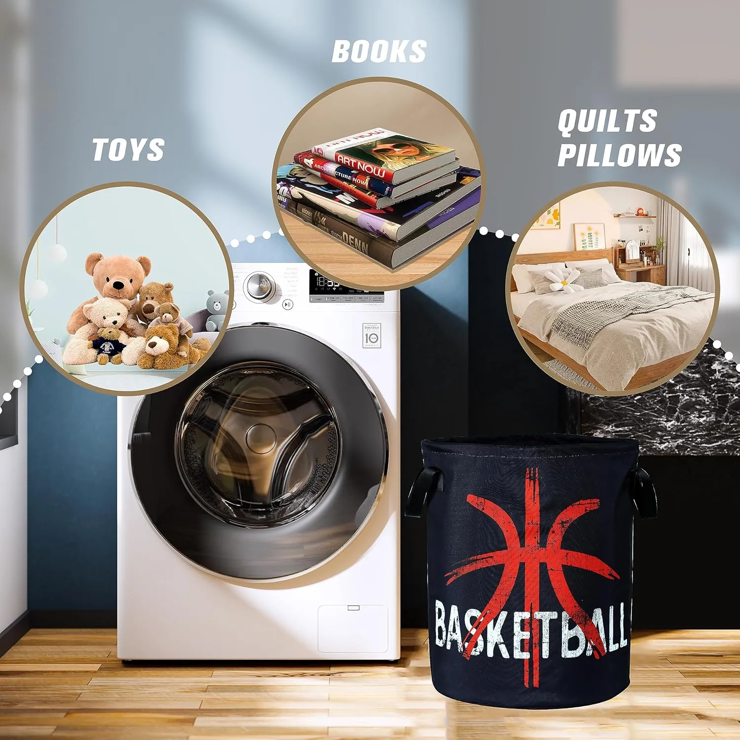 Basketball Laundry Basket Ball Foldable Oxford Cloth Funny Tote Bag Laundry Hamper Clothes Storage Bucket Organizer For Bathroom/Laundry Storage/Bedroom 17.7x13.7 Inch