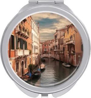Beautiful Venice Canal View Makeup Mirror 1x/2x Magnification of Beauty Mirror, 2-Sided Handheld Foldable Mirror for Purse Pocket Women Home Office Travel