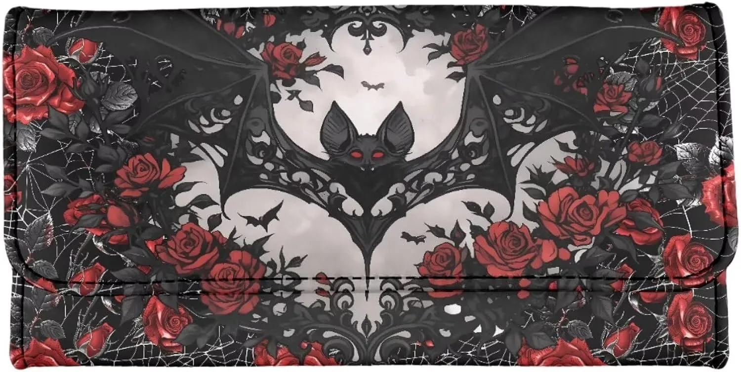 Black Bat Roses Print Women Slim Wallet Gothic Spider Web Trifold Long Credit Card Holder Clutch Handbag, Red Rose Flowers Leather Checkbook Wallet for Ladies