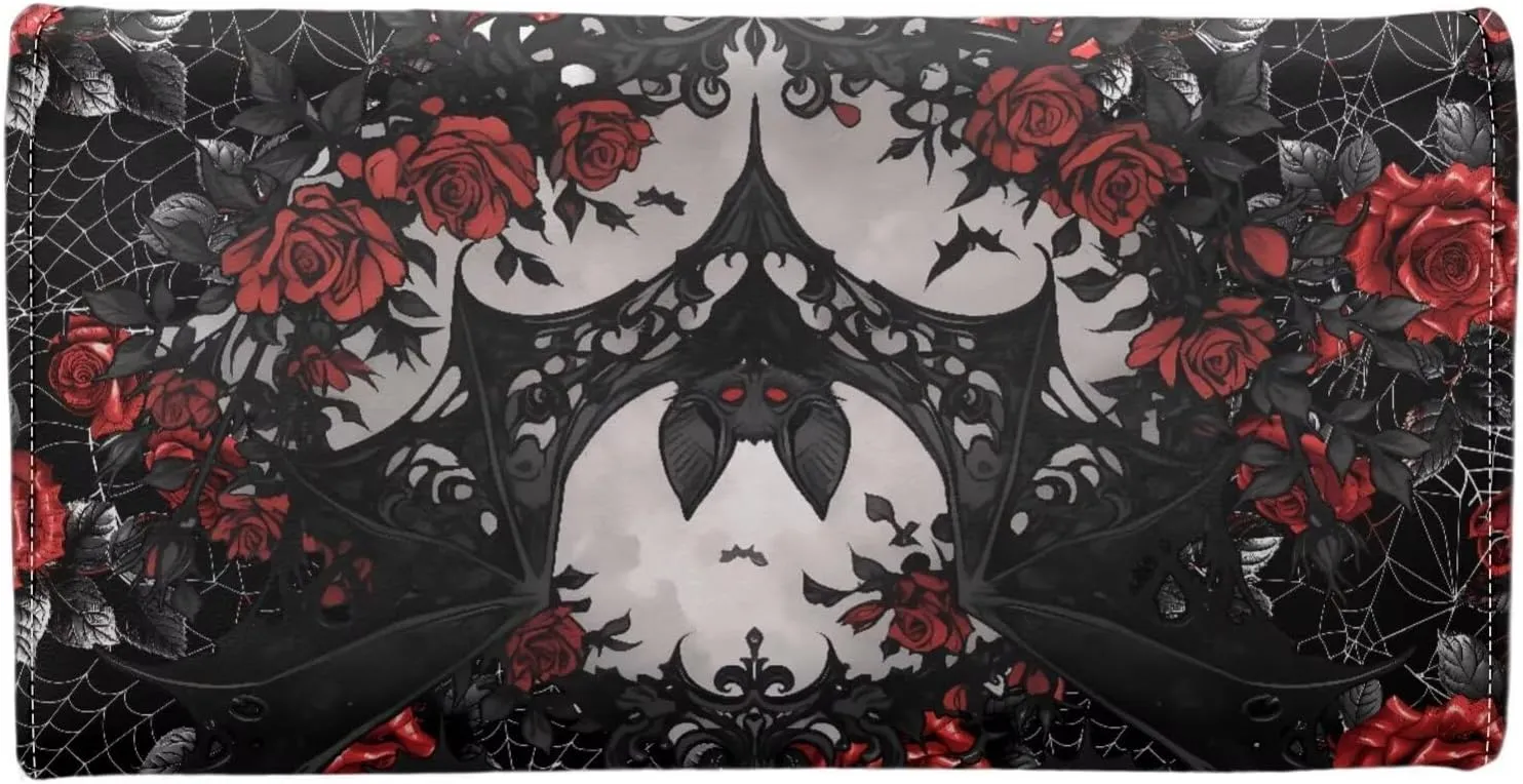 Black Bat Roses Print Women Slim Wallet Gothic Spider Web Trifold Long Credit Card Holder Clutch Handbag, Red Rose Flowers Leather Checkbook Wallet for Ladies