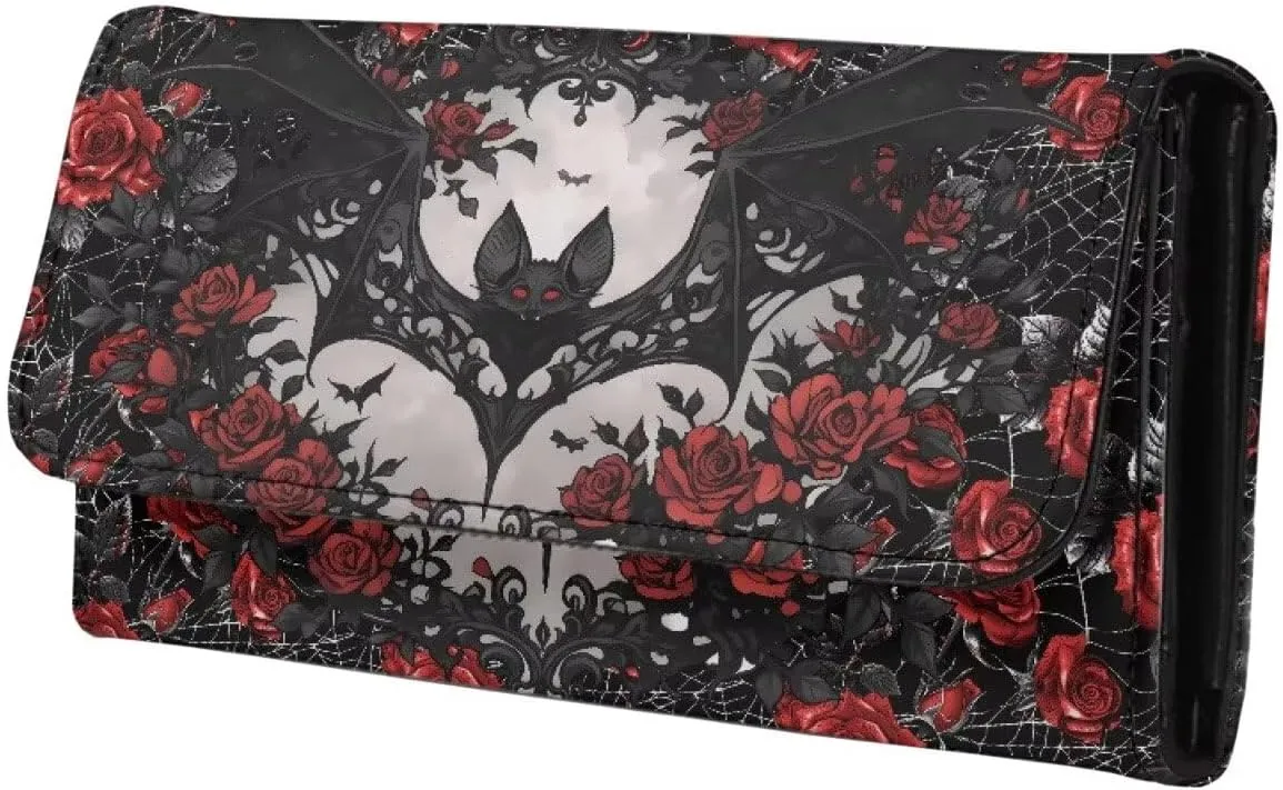 Black Bat Roses Print Women Slim Wallet Gothic Spider Web Trifold Long Credit Card Holder Clutch Handbag, Red Rose Flowers Leather Checkbook Wallet for Ladies