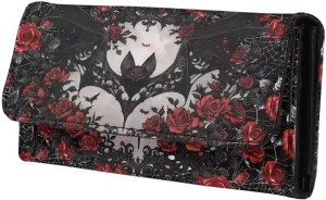 Black Bat Roses Print Women Slim Wallet Gothic Spider Web Trifold Long Credit Card Holder Clutch Handbag, Red Rose Flowers Leather Checkbook Wallet for Ladies