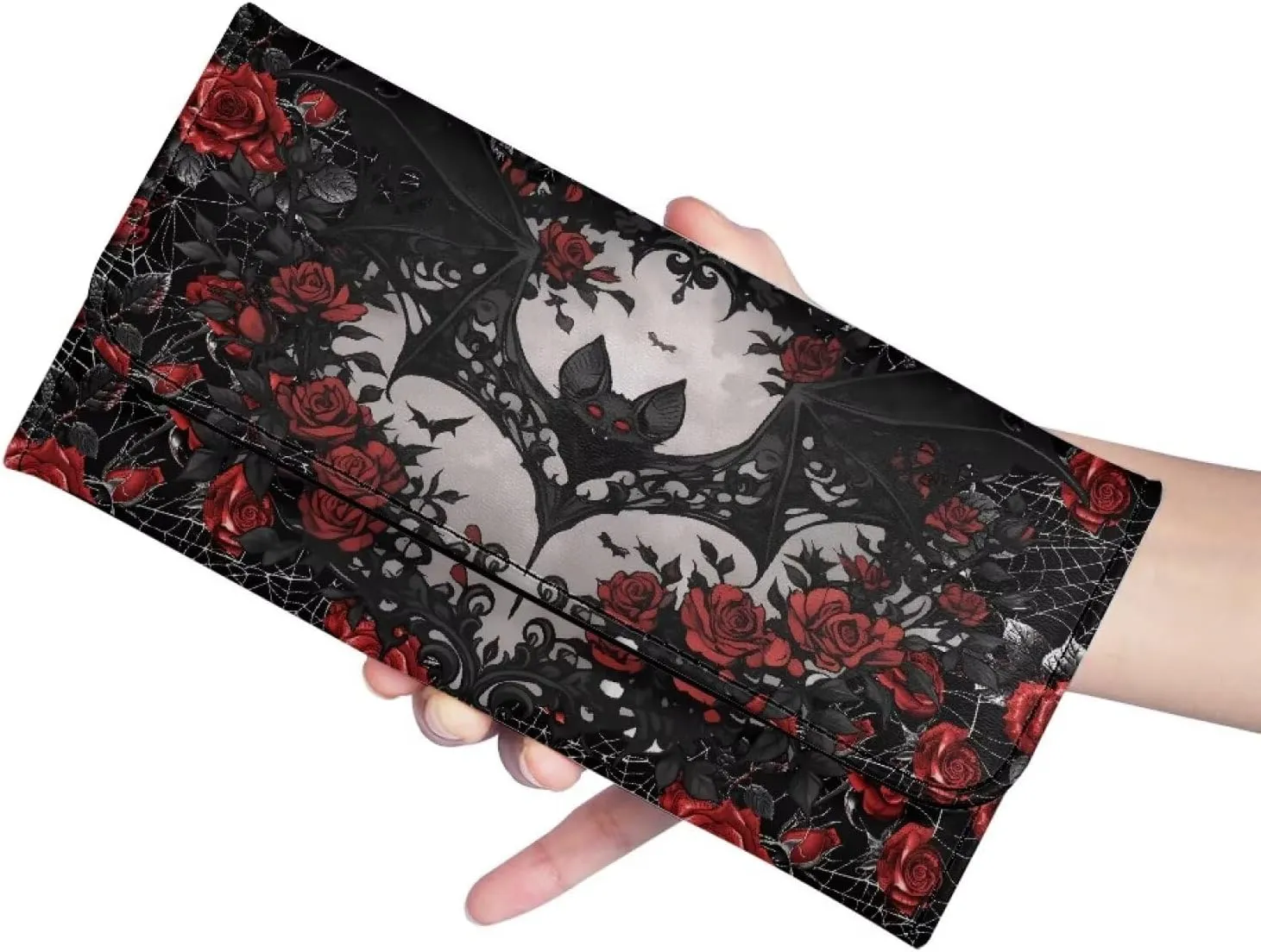 Black Bat Roses Print Women Slim Wallet Gothic Spider Web Trifold Long Credit Card Holder Clutch Handbag, Red Rose Flowers Leather Checkbook Wallet for Ladies