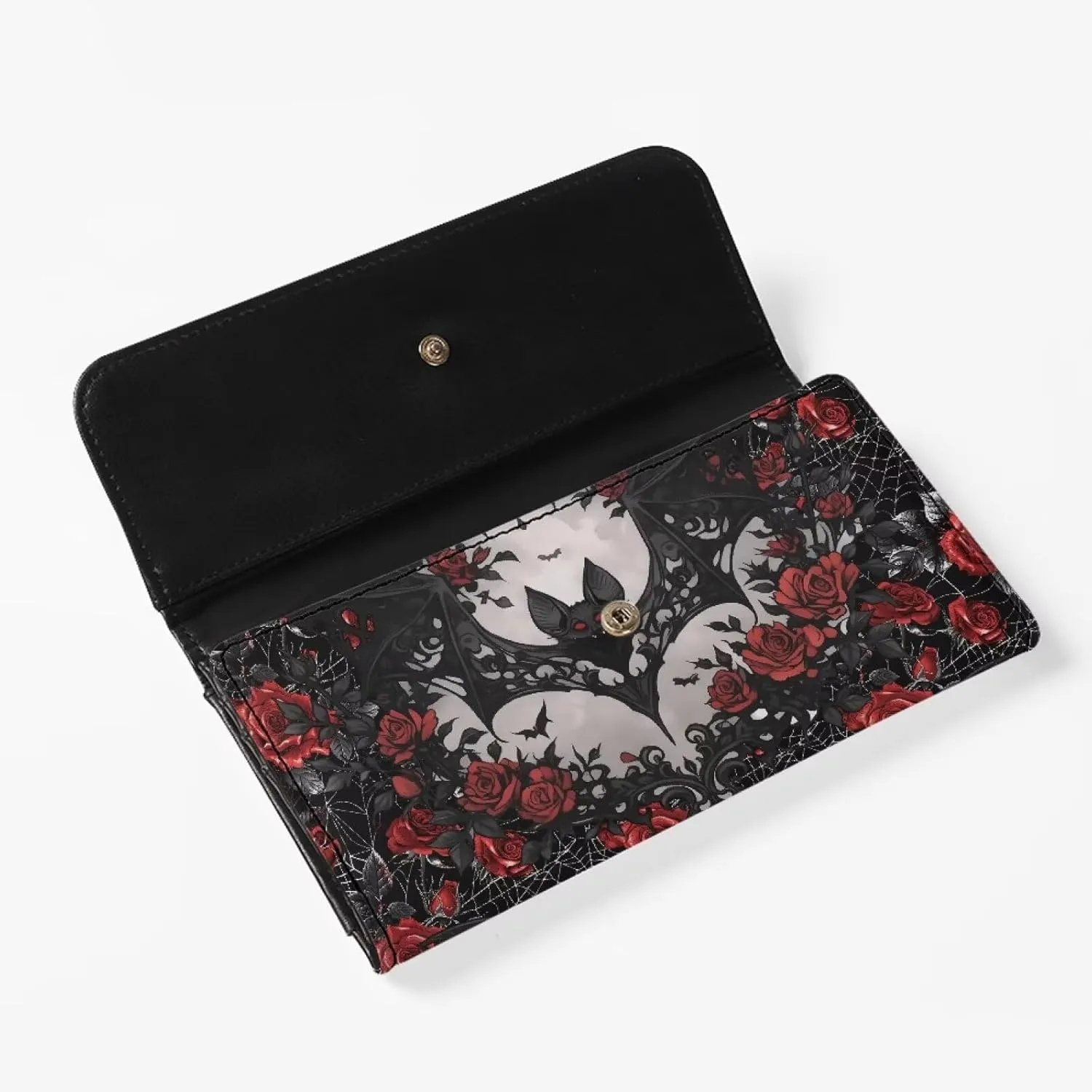 Black Bat Roses Print Women Slim Wallet Gothic Spider Web Trifold Long Credit Card Holder Clutch Handbag, Red Rose Flowers Leather Checkbook Wallet for Ladies