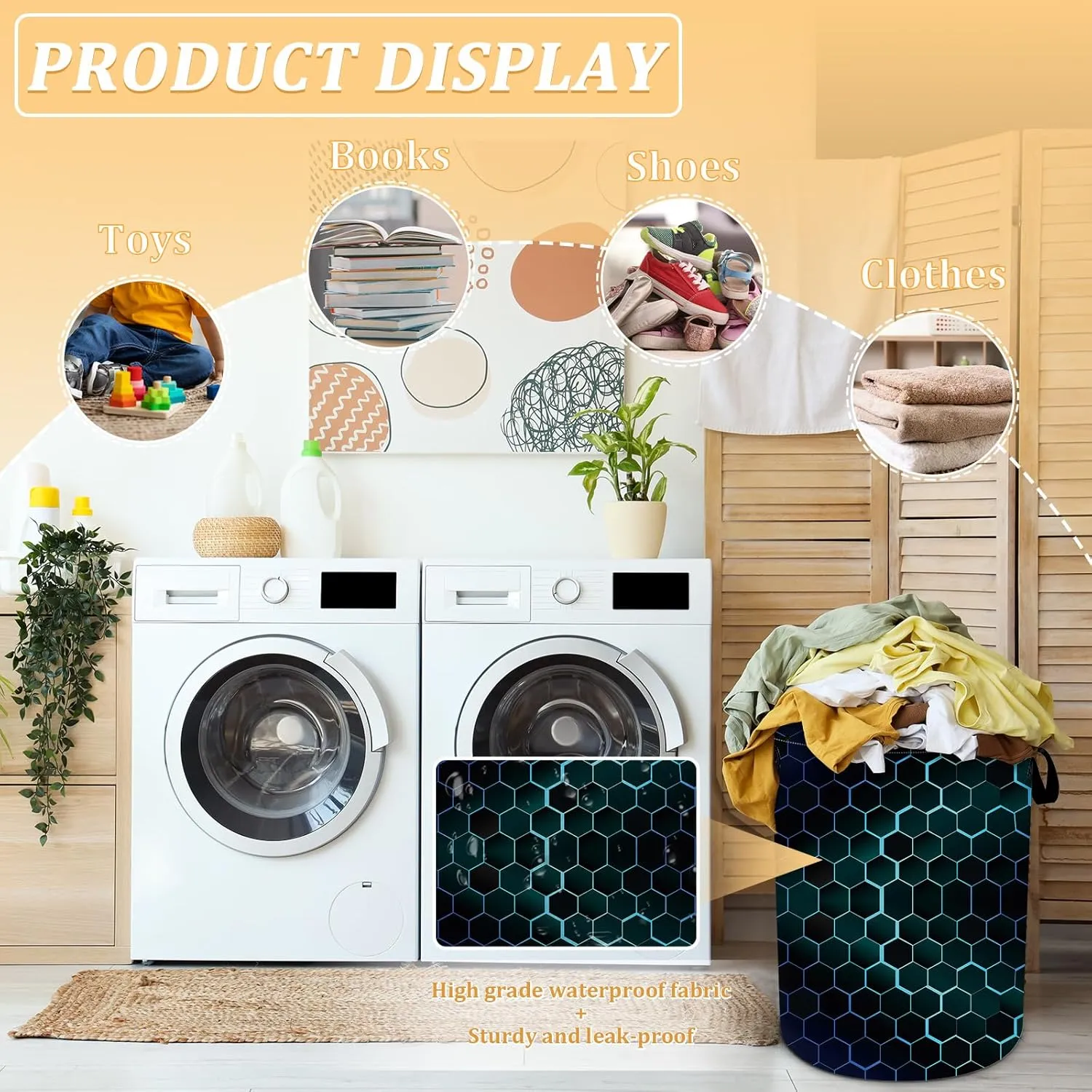 Black Blue Hexagon Laundry Basket, Foldable Waterproof Geometric Laundry Hamper Funny Tote Bag Dirty Clothes Storage Bucket Toy Organizer for Bathroom/Laundry/Bedroom 15.7"x19.6"