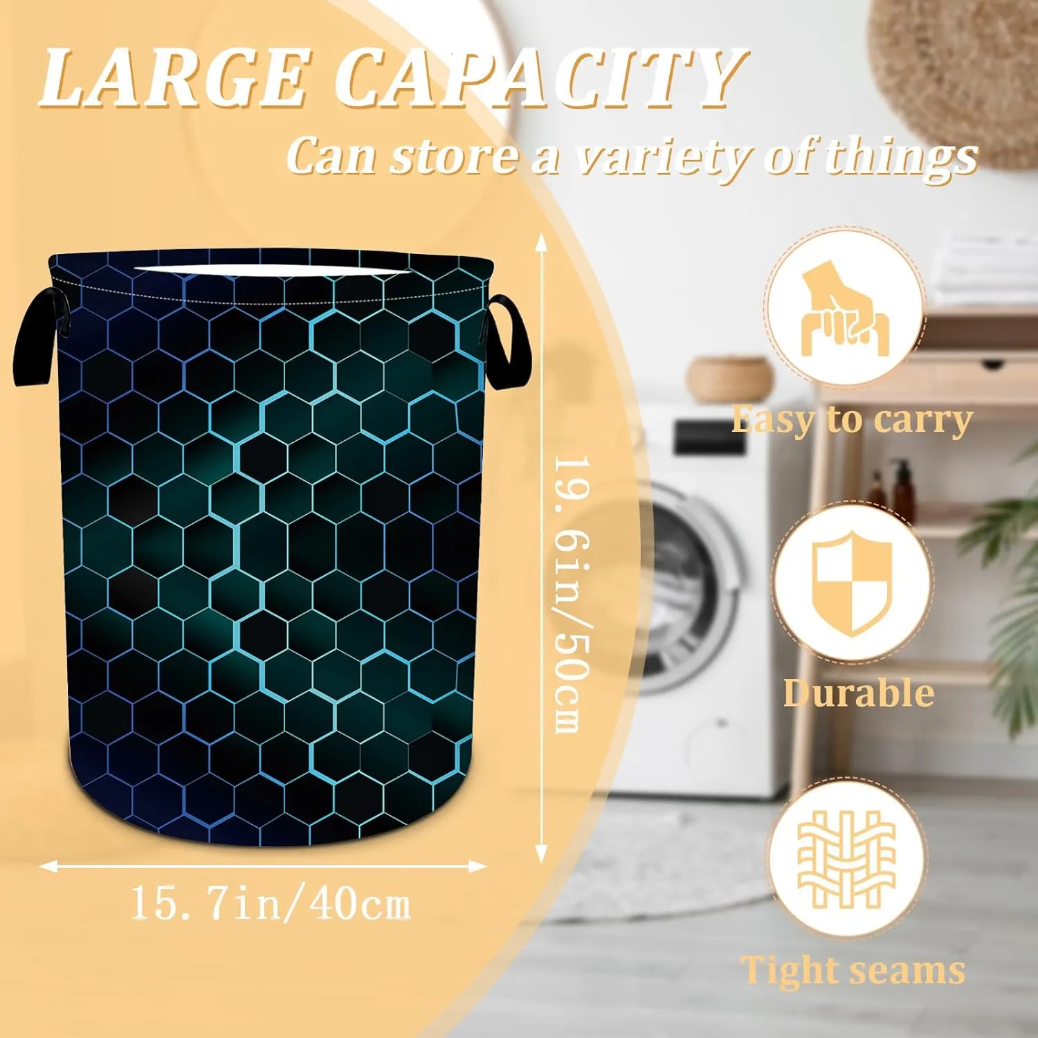 Black Blue Hexagon Laundry Basket, Foldable Waterproof Geometric Laundry Hamper Funny Tote Bag Dirty Clothes Storage Bucket Toy Organizer for Bathroom/Laundry/Bedroom 15.7"x19.6"