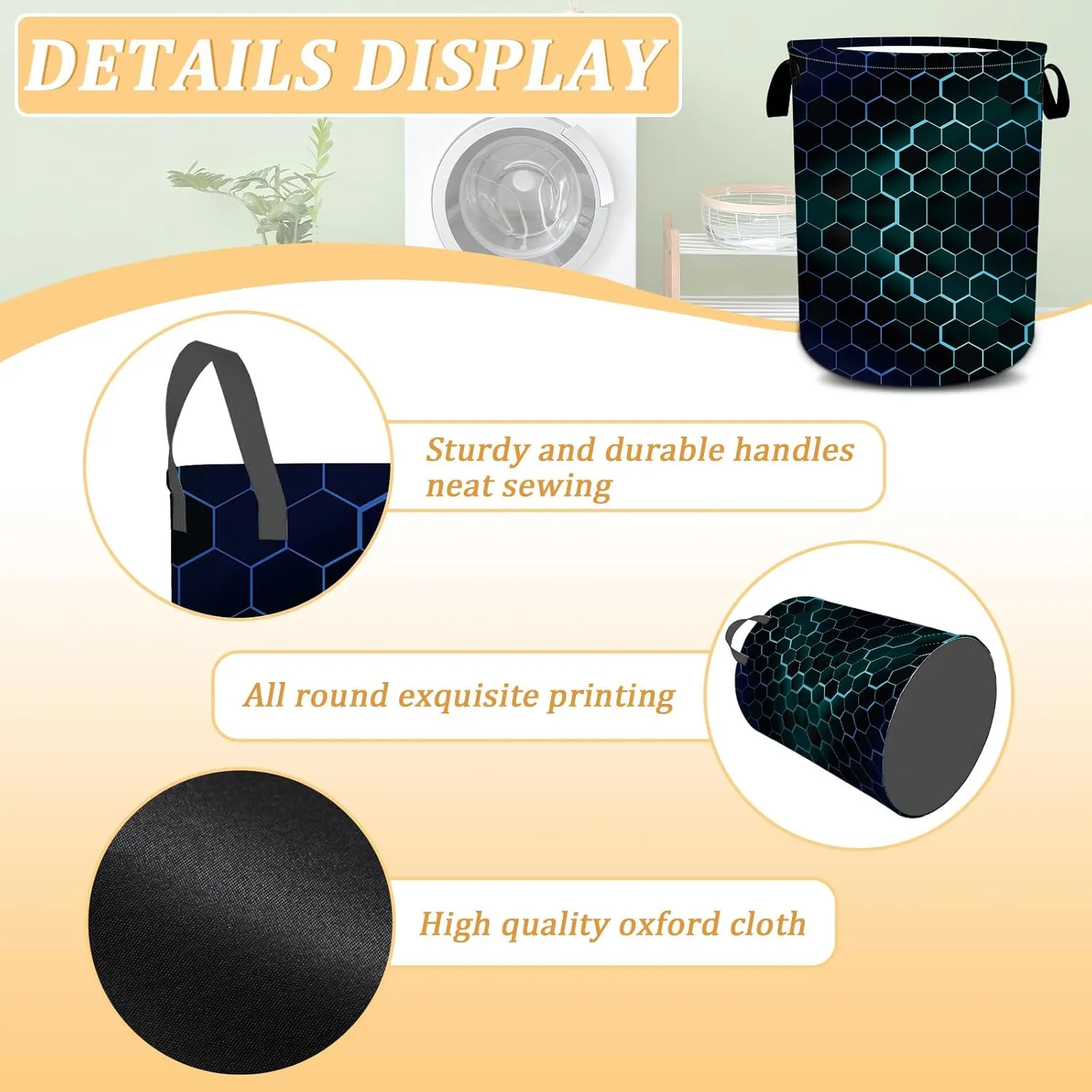 Black Blue Hexagon Laundry Basket, Foldable Waterproof Geometric Laundry Hamper Funny Tote Bag Dirty Clothes Storage Bucket Toy Organizer for Bathroom/Laundry/Bedroom 15.7"x19.6"