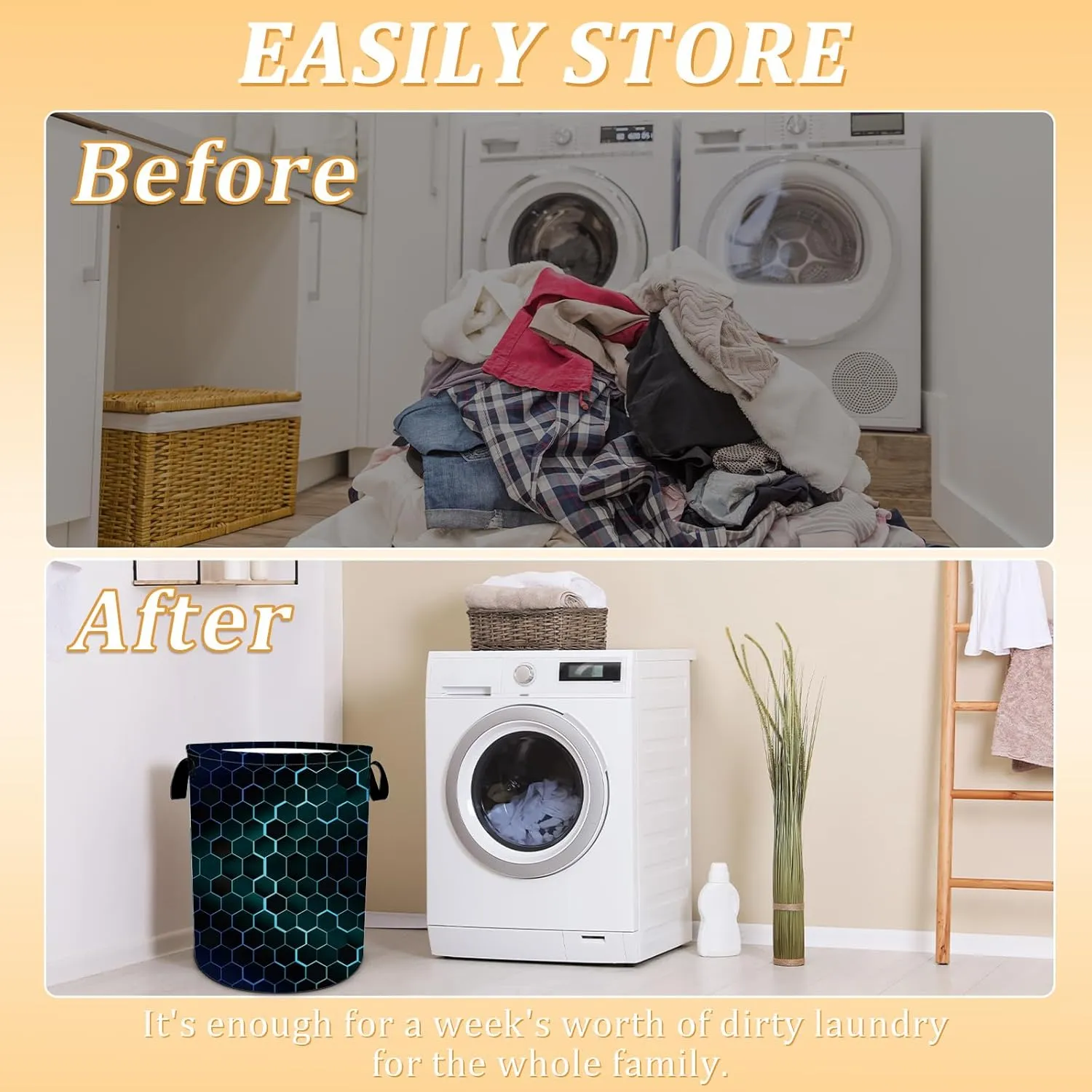 Black Blue Hexagon Laundry Basket, Foldable Waterproof Geometric Laundry Hamper Funny Tote Bag Dirty Clothes Storage Bucket Toy Organizer for Bathroom/Laundry/Bedroom 15.7"x19.6"