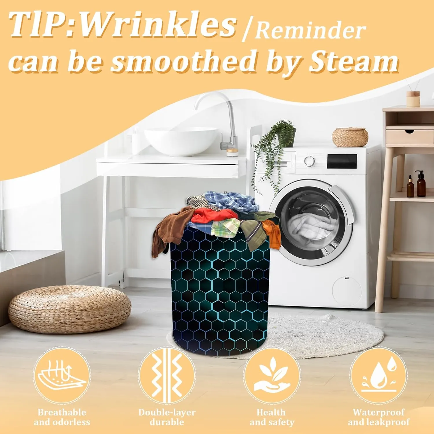Black Blue Hexagon Laundry Basket, Foldable Waterproof Geometric Laundry Hamper Funny Tote Bag Dirty Clothes Storage Bucket Toy Organizer for Bathroom/Laundry/Bedroom 15.7"x19.6"