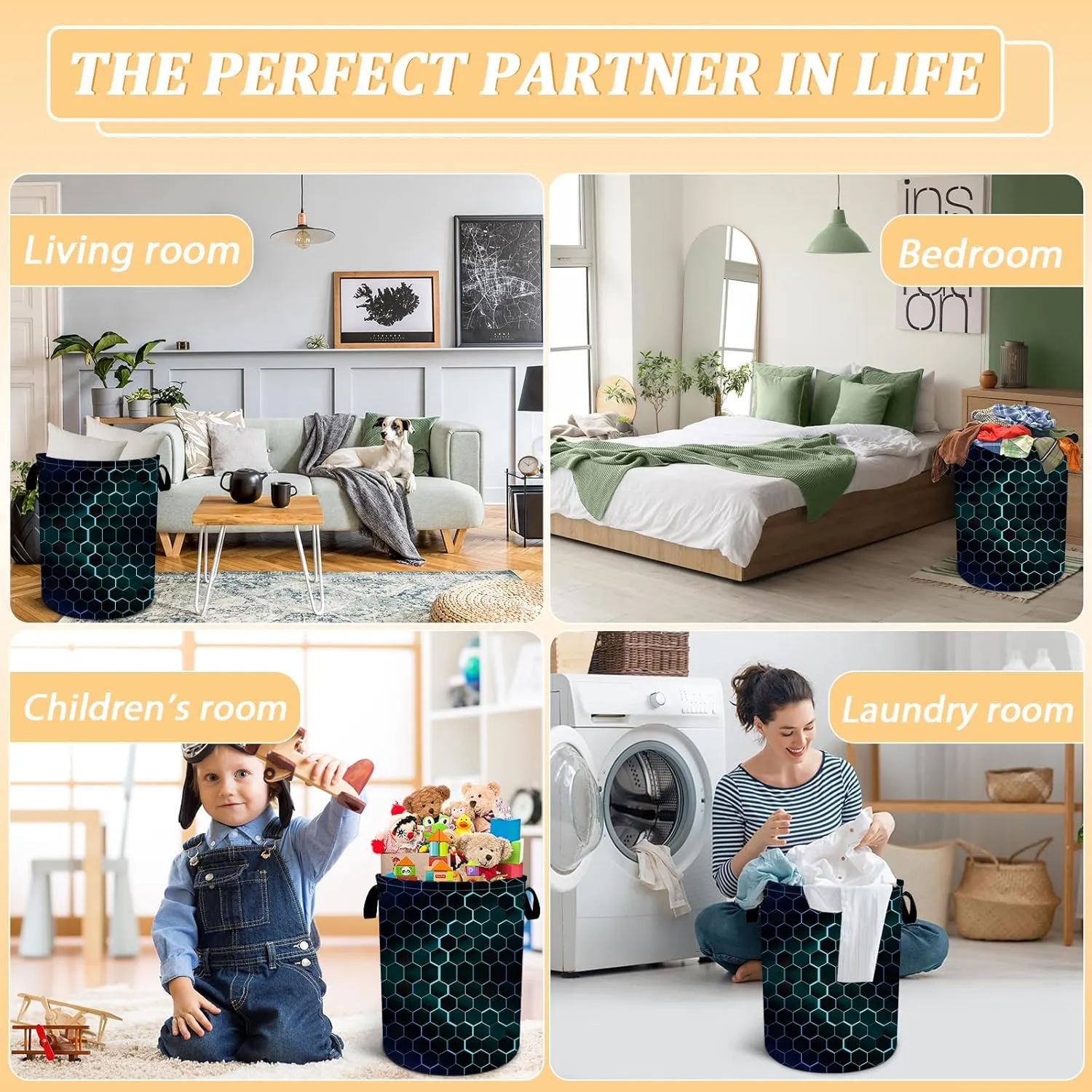 Black Blue Hexagon Laundry Basket, Foldable Waterproof Geometric Laundry Hamper Funny Tote Bag Dirty Clothes Storage Bucket Toy Organizer for Bathroom/Laundry/Bedroom 15.7"x19.6"