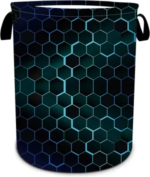 Black Blue Hexagon Laundry Basket, Foldable Waterproof Geometric Laundry Hamper Funny Tote Bag Dirty Clothes Storage Bucket Toy Organizer for Bathroom/Laundry/Bedroom 15.7"x19.6"