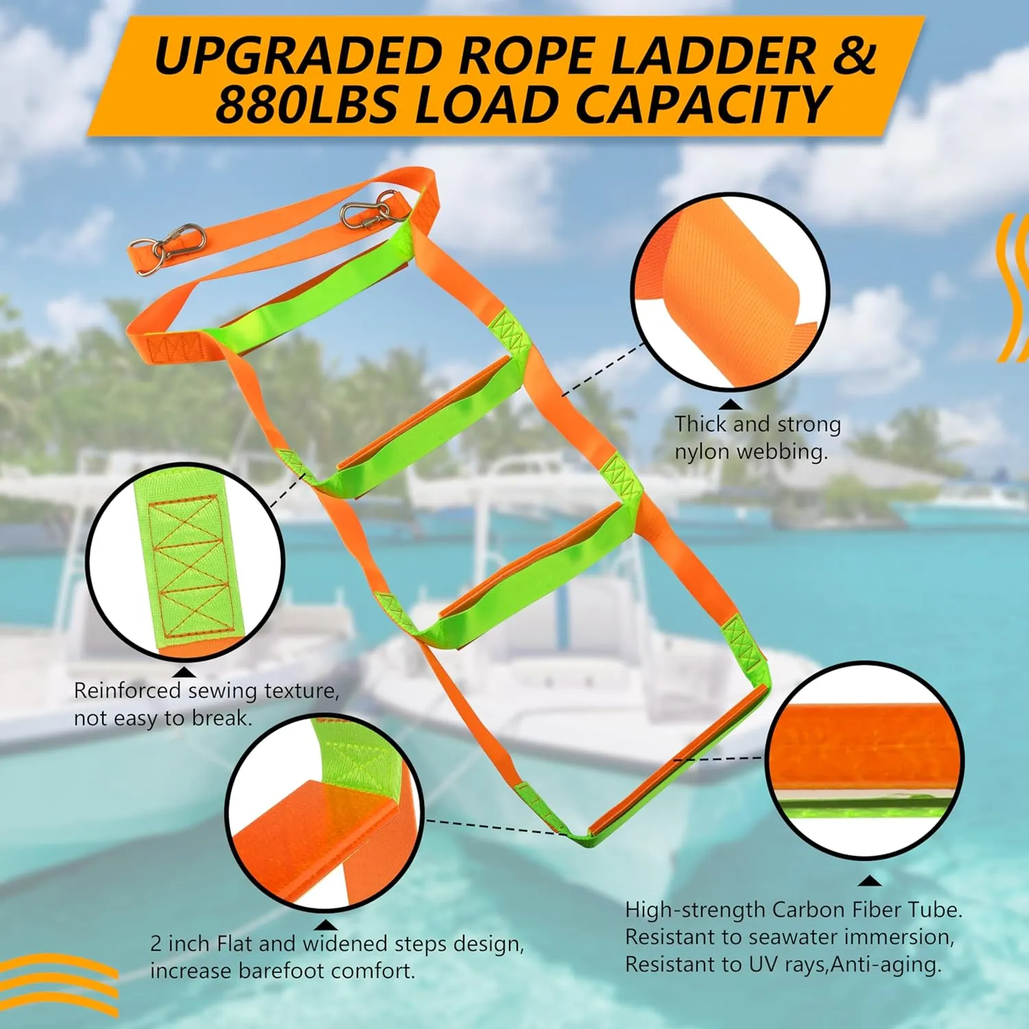 Boat Rope Ladder, 4 Step Boat Ladder, Heavy Duty 880lbs Strength with Carbon Fiber Reinforced Steps, Foldable Assist Boarding Rope Ladder for Inflatable Boat, Pontoon Boat, Sailboat, Kayak, Motorboat