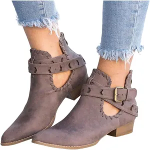 Booties for Women Flat,Womens Ruffled Ankle Boots Low Chunky Block Stacked Heel Boots Slip On Pointed Toe Western Shoes
