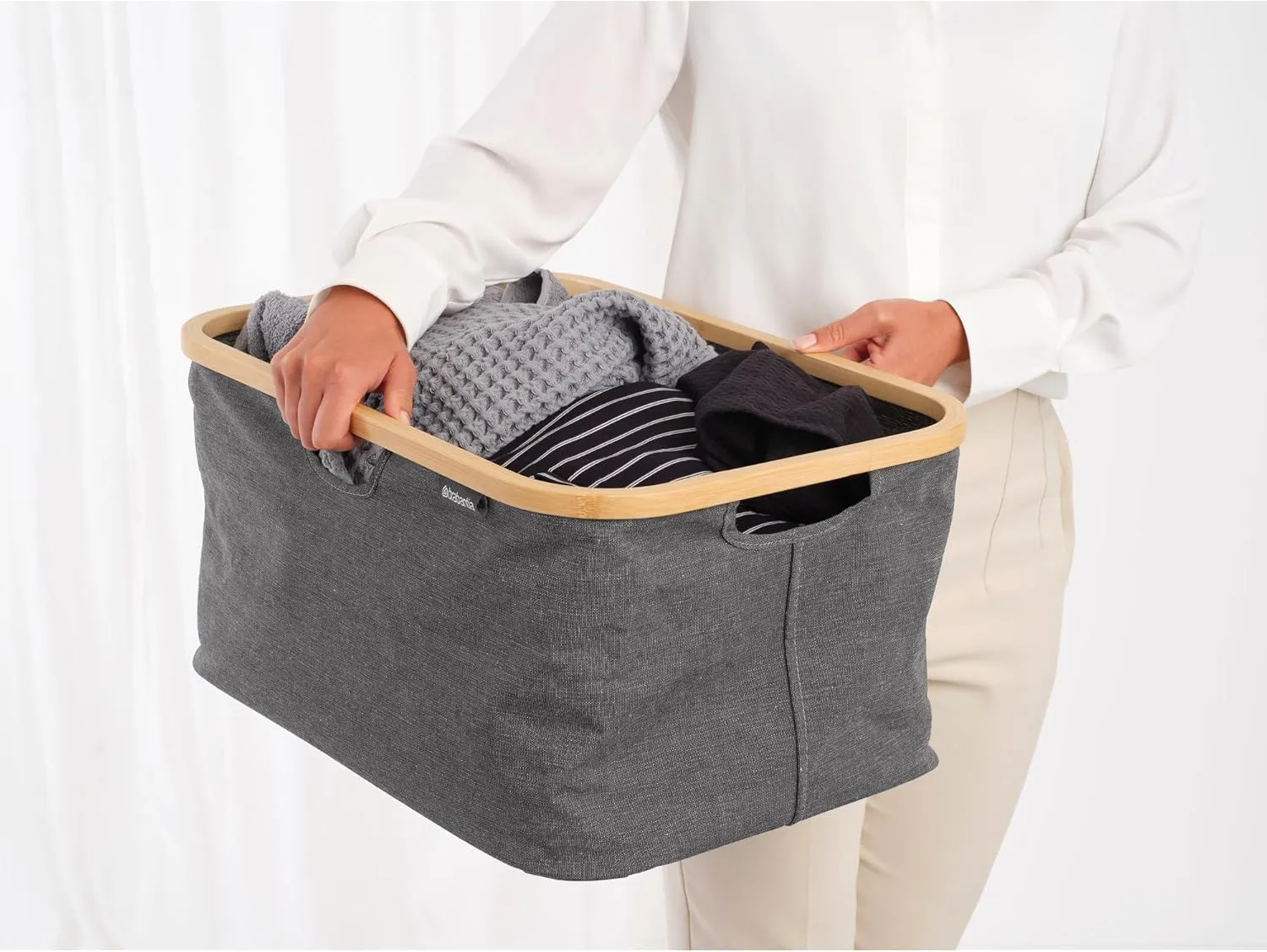 Brabantia - Foldable Laundry Basket 10.6 Gal - Water Resistant Hamper for Wet & Dry Laundry - Storage Basket for Clothes & Linen - Bamboo Rim for Easy Grip - Garment Washing - Pepper Black