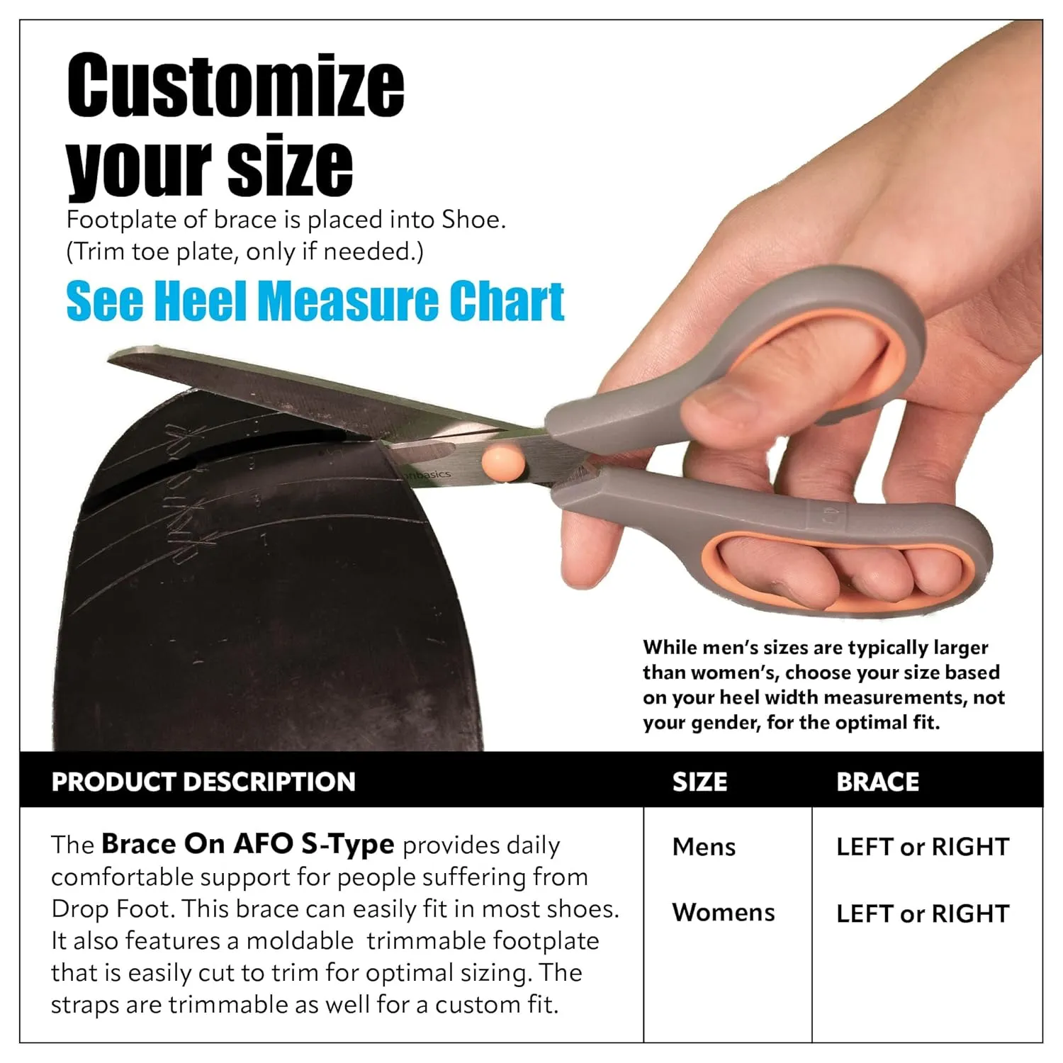 Brace On AFO S-Type - Drop Foot Stabilizer Brace, Moldable, Trimmable, Lightweight Polyethylene, Drop Foot Braces for Men, AFO Brace and Foot Drop Braces, Foot Boot for Injured Foot, Men, Left