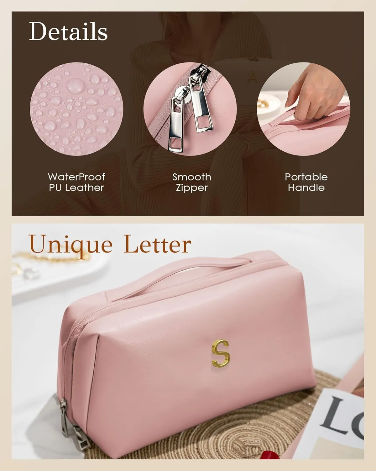 Bridesmaids Gifts, Makeup Bag with Initial for Women, Maid of Honor Gifts, Bachelorette Party Favors, Travel Make up Bag with Letter, Gifts for Maid of Honor from Bride, Bridesmaid Makeup Bag