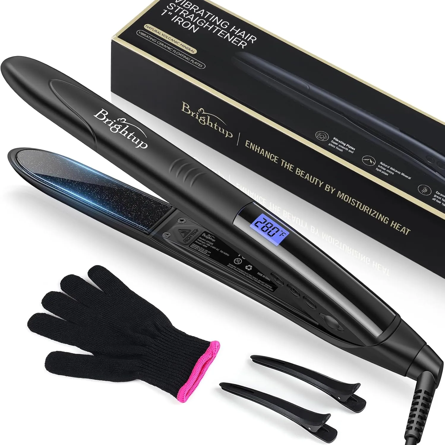 Brightup Tourmaline Ceramic Hair Straightener and Curler 2 in 1 with 1" Vibrating Plates, Ionic Flat Iron with 10 Temp Control/Auto Shut Off, 20S Fast Heating for Smooth Salon Results, Black