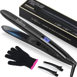 Brightup Tourmaline Ceramic Hair Straightener and Curler 2 in 1 with 1" Vibrating Plates, Ionic Flat Iron with 10 Temp Control/Auto Shut Off, 20S Fast Heating for Smooth Salon Results, Black