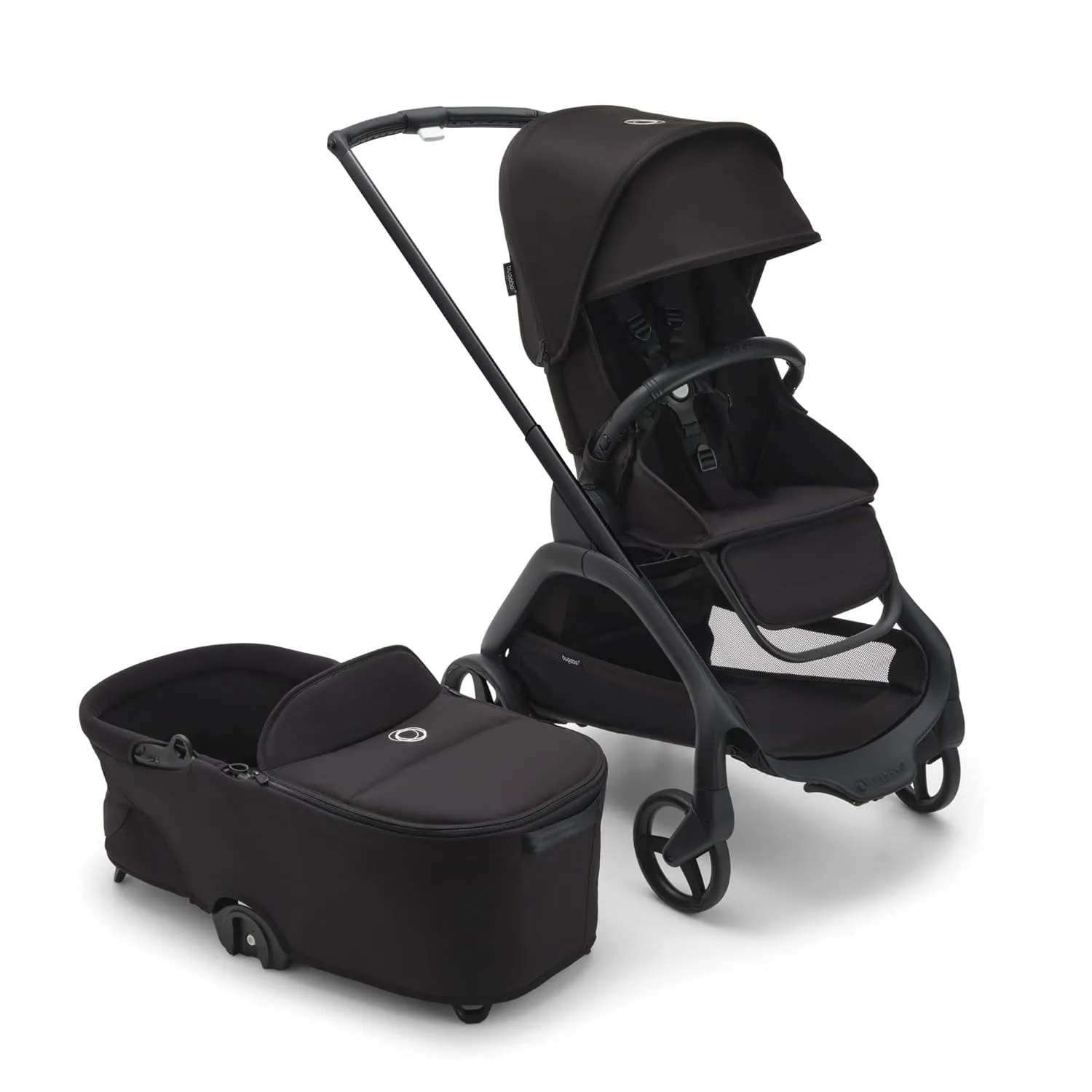 Bugaboo Dragonfly City Stroller with Full-Size Baby Bassinet and Toddler Seat, One Hand Easy Fold in Any Position, Full Suspension, Large Basket, Black Chassis and Midnight Black Sun Canopy
