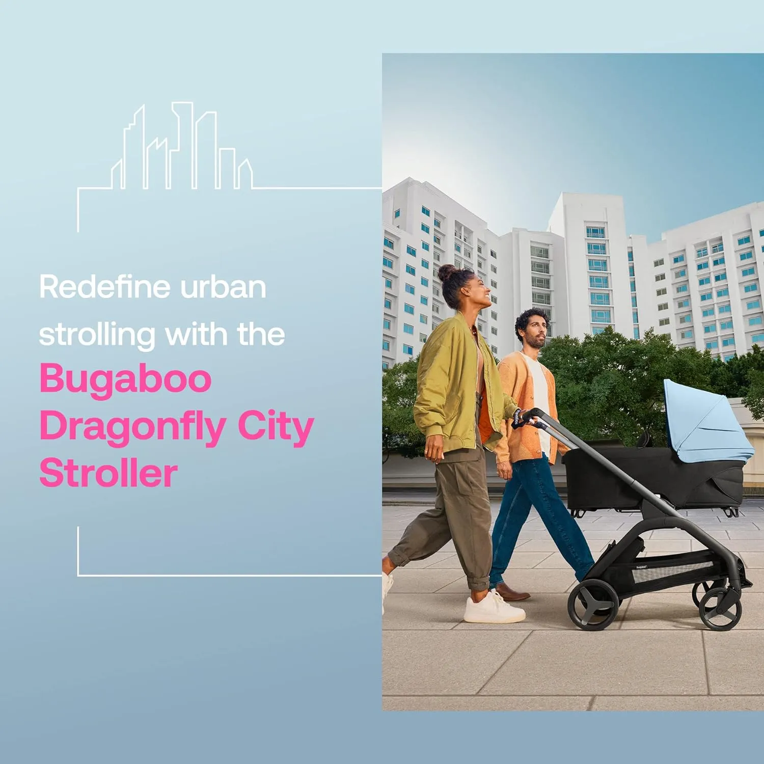 Bugaboo Dragonfly City Stroller with Full-Size Baby Bassinet and Toddler Seat, One Hand Easy Fold in Any Position, Full Suspension, Large Basket, Black Chassis and Midnight Black Sun Canopy