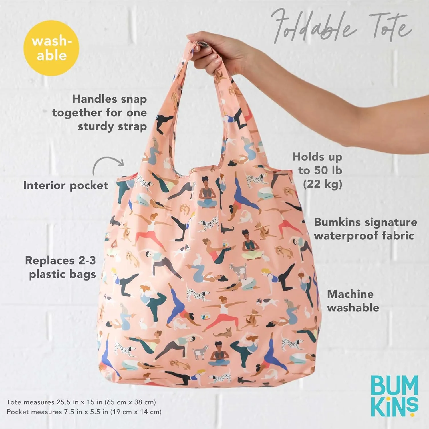 Bumkins Reusable Grocery Shopping Tote Bag for Women, Large Boho Style with Handles, Foldable, Washable, Shoulder Straps