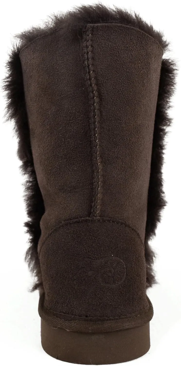 Bushga Ladies Genuine Sheepskin Mid Calf Short Boot with Button Design (Black, Chocolate Brown, Chestnut, Grey, Purple)