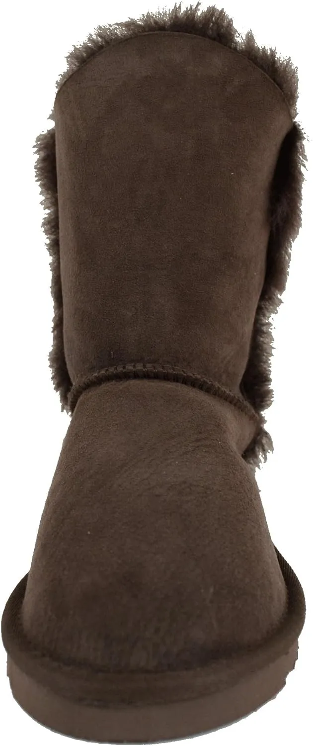 Bushga Ladies Genuine Sheepskin Mid Calf Short Boot with Button Design (Black, Chocolate Brown, Chestnut, Grey, Purple)