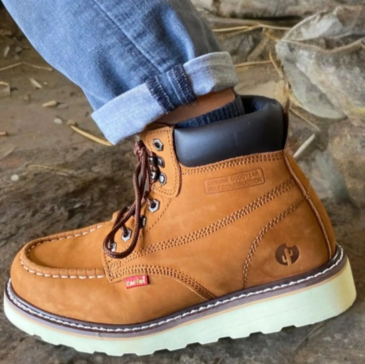 CACTUS Men's 6" Nubuck Leather Moc-Toe Work Boots with Padded Collar and Sponge Footbed - Comfortable, Lightweight, Goodyear Welt Construction, Flexible and Durable PU Sole - Model 3611M
