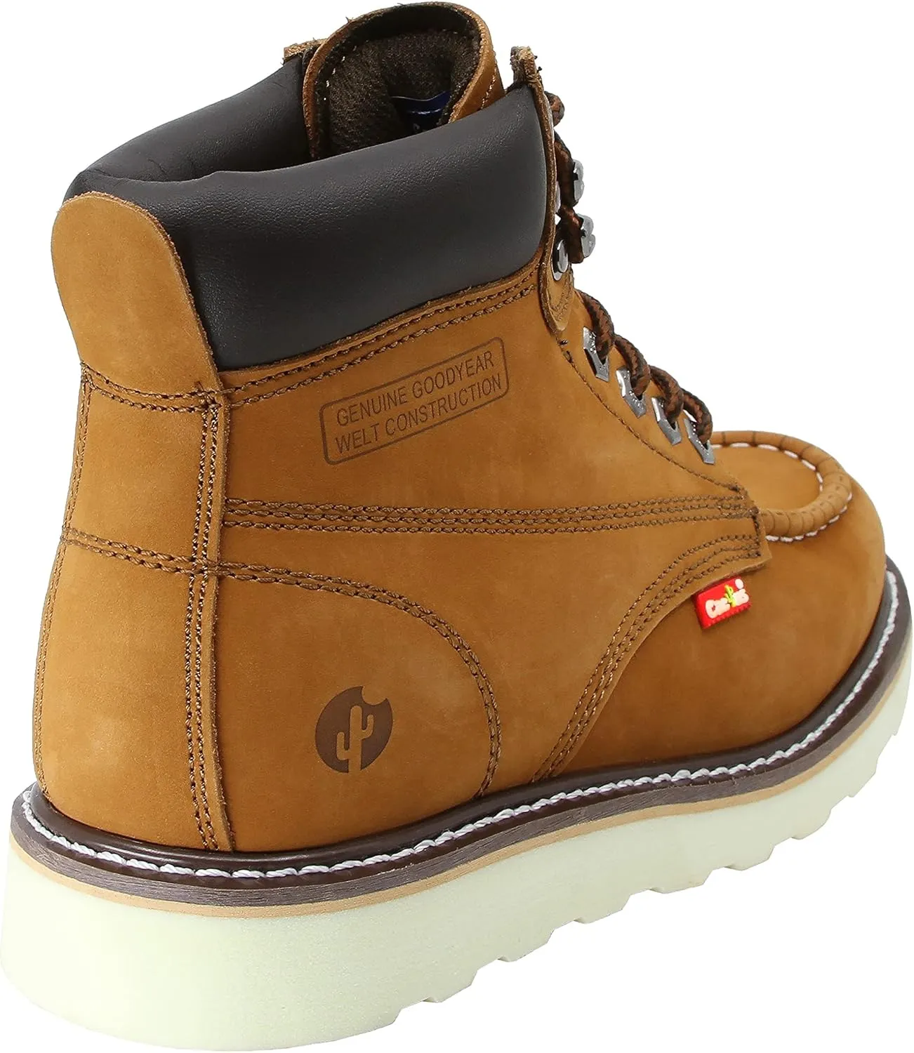 CACTUS Men's 6" Nubuck Leather Moc-Toe Work Boots with Padded Collar and Sponge Footbed - Comfortable, Lightweight, Goodyear Welt Construction, Flexible and Durable PU Sole - Model 3611M