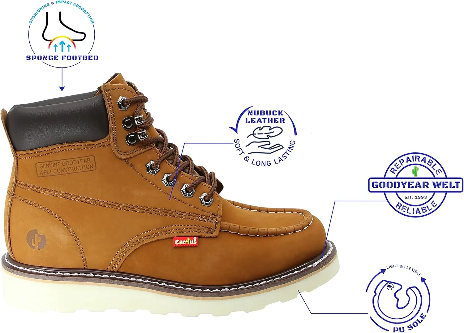 CACTUS Men's 6" Nubuck Leather Moc-Toe Work Boots with Padded Collar and Sponge Footbed - Comfortable, Lightweight, Goodyear Welt Construction, Flexible and Durable PU Sole - Model 3611M