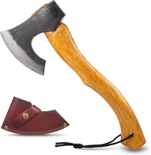 Camping Axe Hatchet, 15.6" Forged Steel Axe with Leather Sheath, Bearded Axe with Beech Handle, Outdoor Hatchet for Wood Splitting, Gift for Men