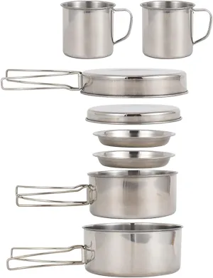 Camping Cookwa Mess Kit 8PCS Stainless Steel Cooking Pot and Pan Set with Plates Cups for Outdoor Camping Hiking Backpacking