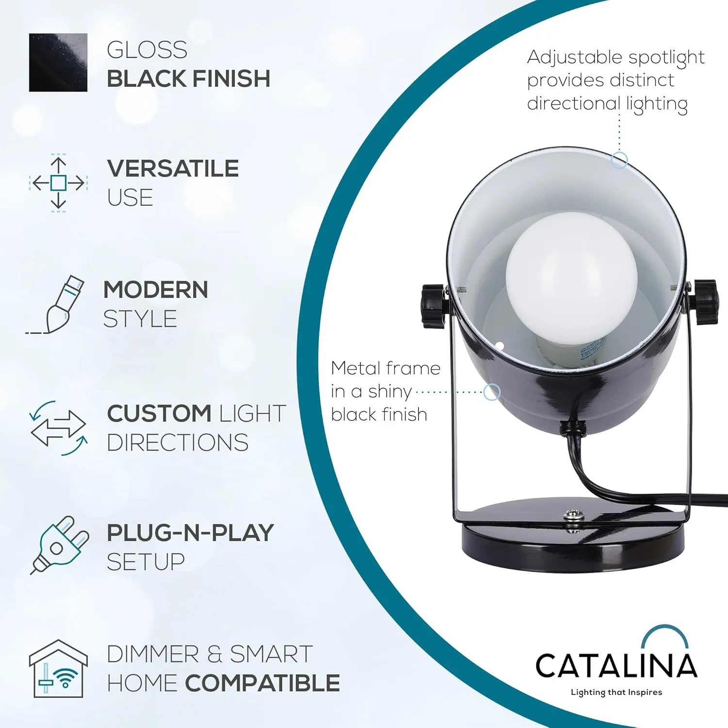 Catalina Lighting 24291-000 Multipurpose Spotlight Accent Lamp, Desk or Wall Mount Lamp for Office, Living Room, Dorm or Bedroom, Smart Home Compatible, Bulb Not Included, 7.5", Metallic Black