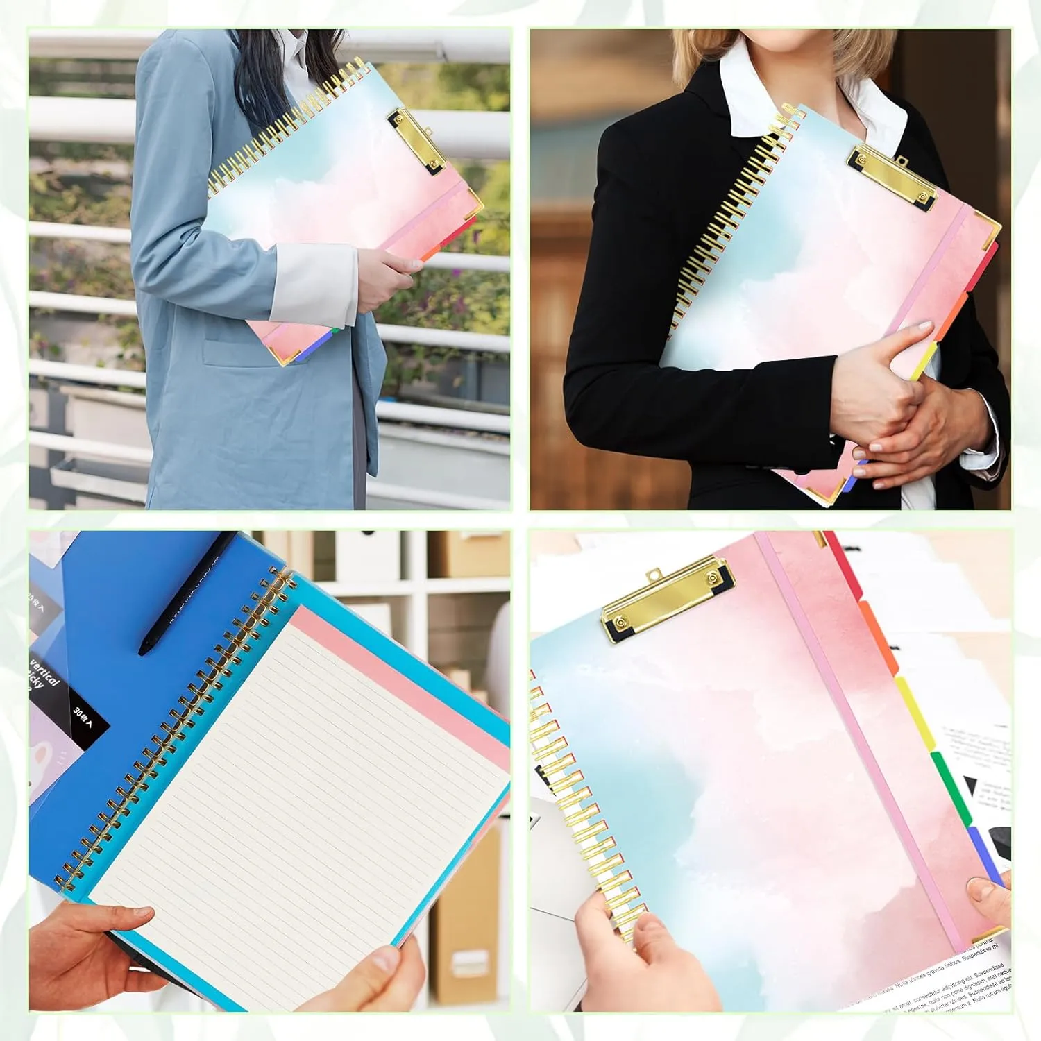 Clipboard Folio with Refillable Lined Notepad, FHDUSRYO Premium Clipboard Folder with 5 Colorful Dividers 10 Pockets, Spiral Clipboards A4 Folder for Office, Students, Nurses (Gouache, 12.8" x 9.5")