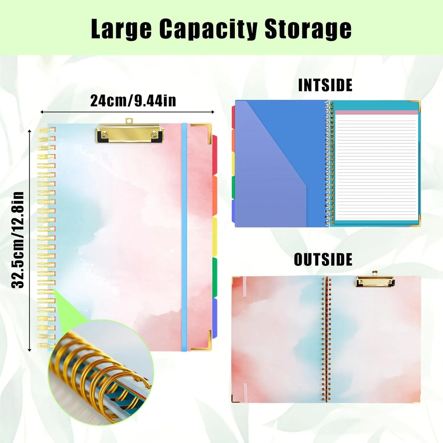 Clipboard Folio with Refillable Lined Notepad, FHDUSRYO Premium Clipboard Folder with 5 Colorful Dividers 10 Pockets, Spiral Clipboards A4 Folder for Office, Students, Nurses (Gouache, 12.8" x 9.5")