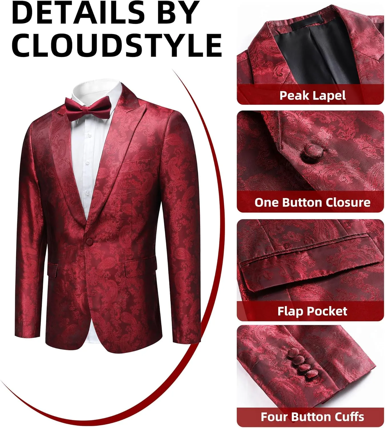 Cloudstyle Mens 2 Piece Paisley Dress Suit One Button Party Wedding Blazer Pants Sets