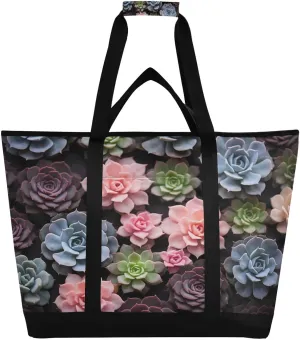 Colorful Succulents Tote Bag for Women with Zipper Reusable Grocery Bags Foldable Insulated Cooler Bag Handbags Shopping Bags Totes for Groceries Picnic Travel Beach Work
