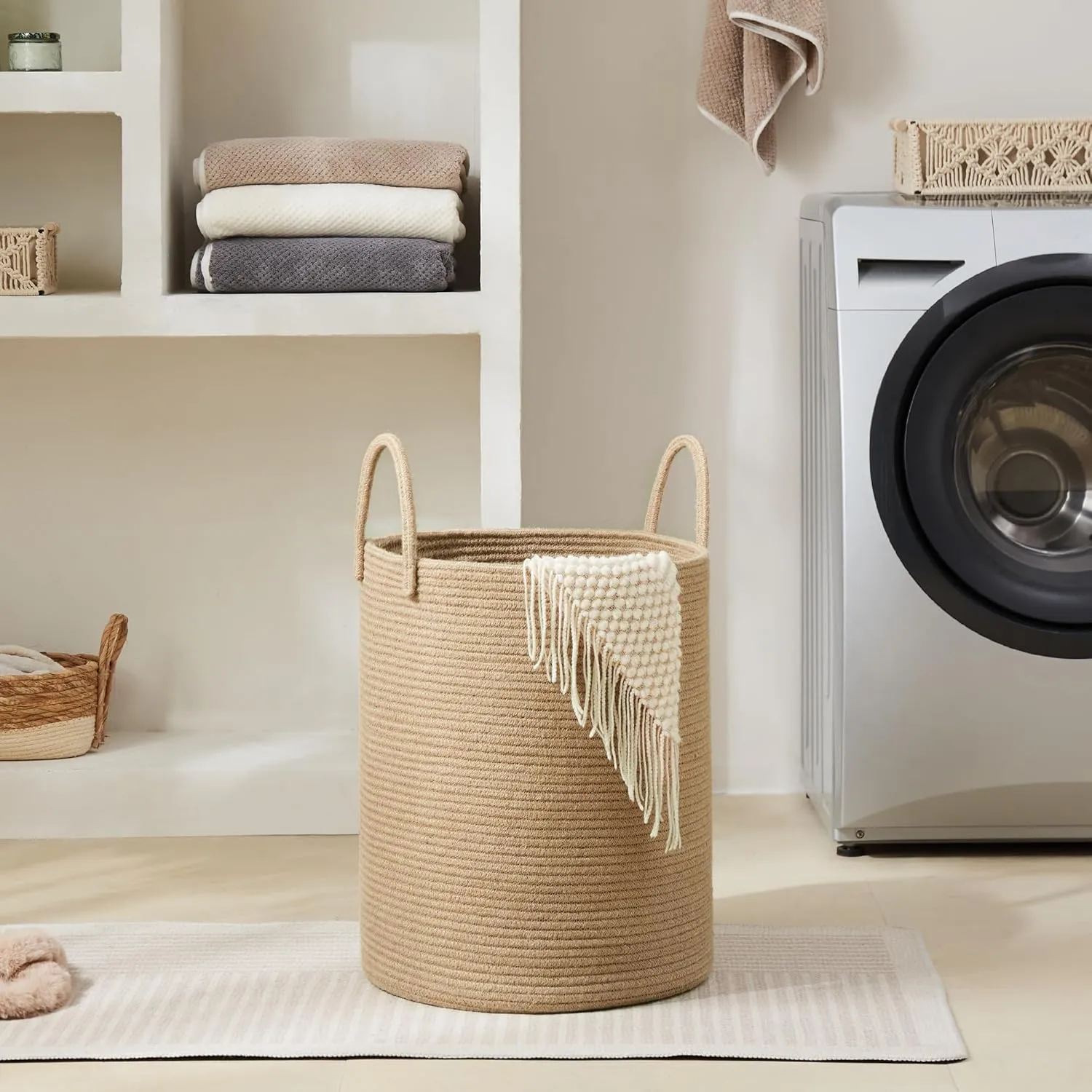Cotton Laundry Hamper, 58L - Woven Collapsible Storage Basket - Jute Brown