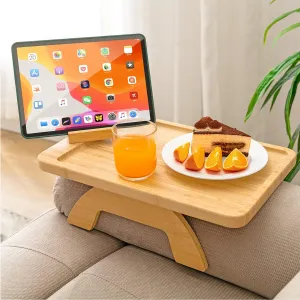 Couch Arm Tray,Bamboo Sofa Clip on Side Table,Foldable Couch Armrest Table with 360° Phone Holder,Food Trays for Eating/Drinks/Snacks/Remote