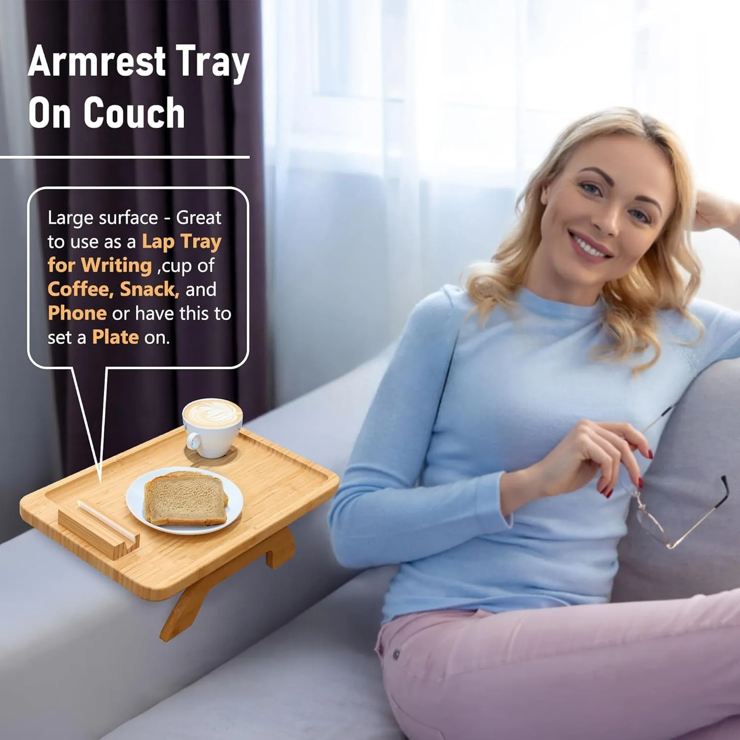 Couch Arm Tray,Bamboo Sofa Clip on Side Table,Foldable Couch Armrest Table with 360° Phone Holder,Food Trays for Eating/Drinks/Snacks/Remote
