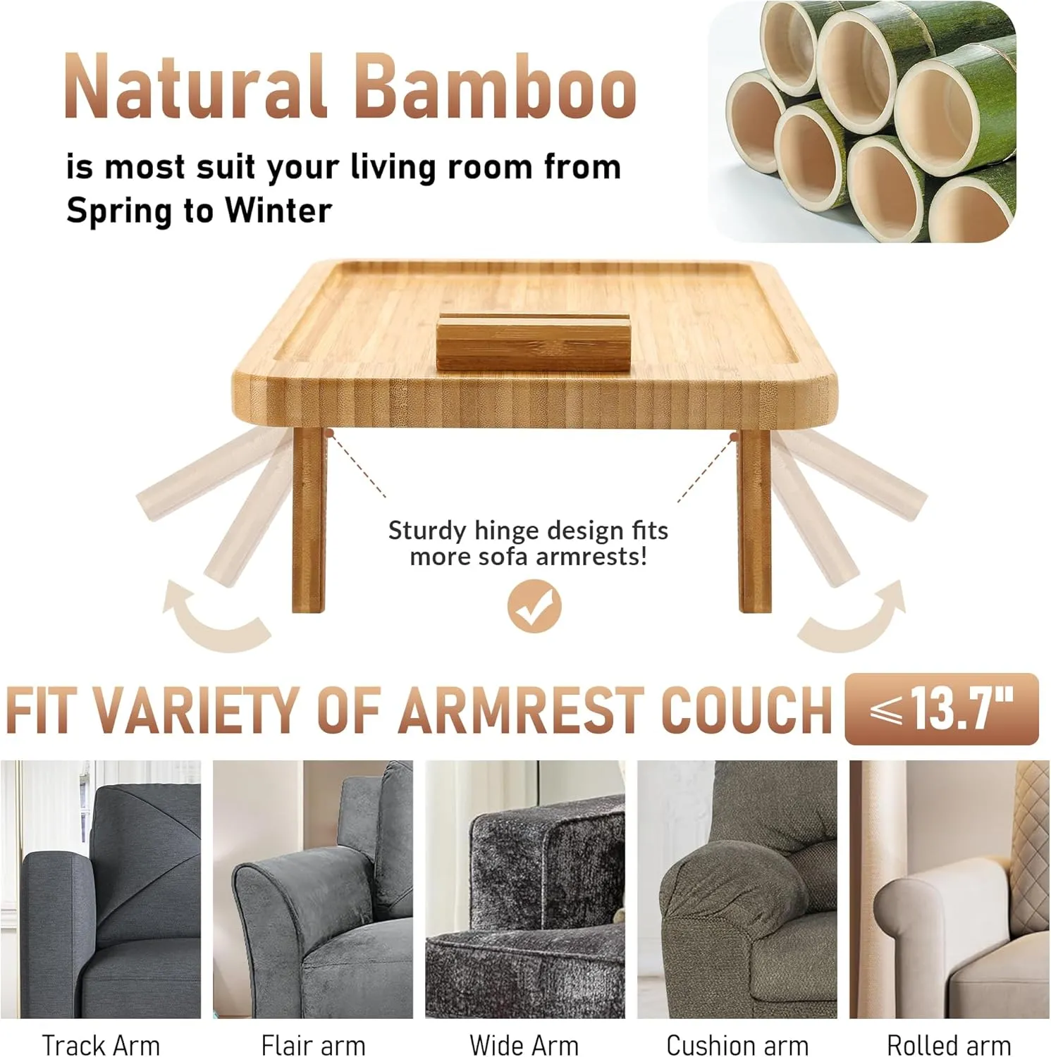 Couch Arm Tray,Bamboo Sofa Clip on Side Table,Foldable Couch Armrest Table with 360° Phone Holder,Food Trays for Eating/Drinks/Snacks/Remote