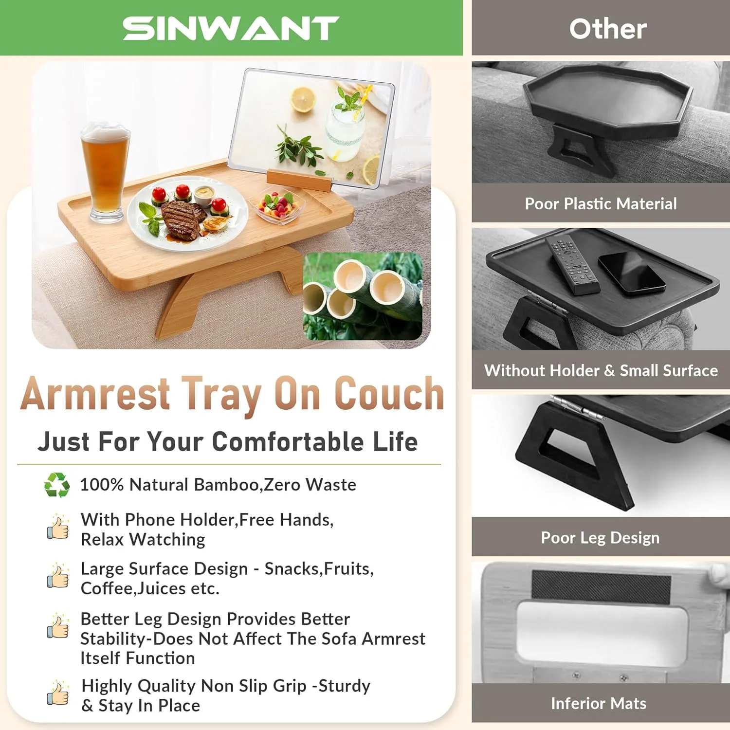 Couch Arm Tray,Bamboo Sofa Clip on Side Table,Foldable Couch Armrest Table with 360° Phone Holder,Food Trays for Eating/Drinks/Snacks/Remote